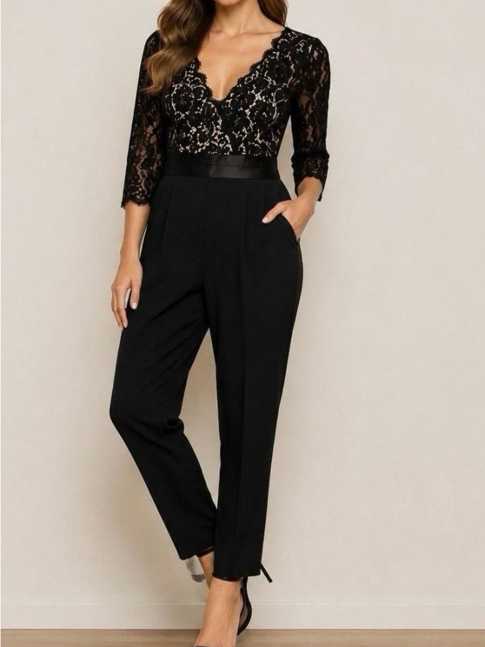 Black Lace-Top Cocktail Jumpsuit. Zip back with Satin Waist by Eliza J (size 12)